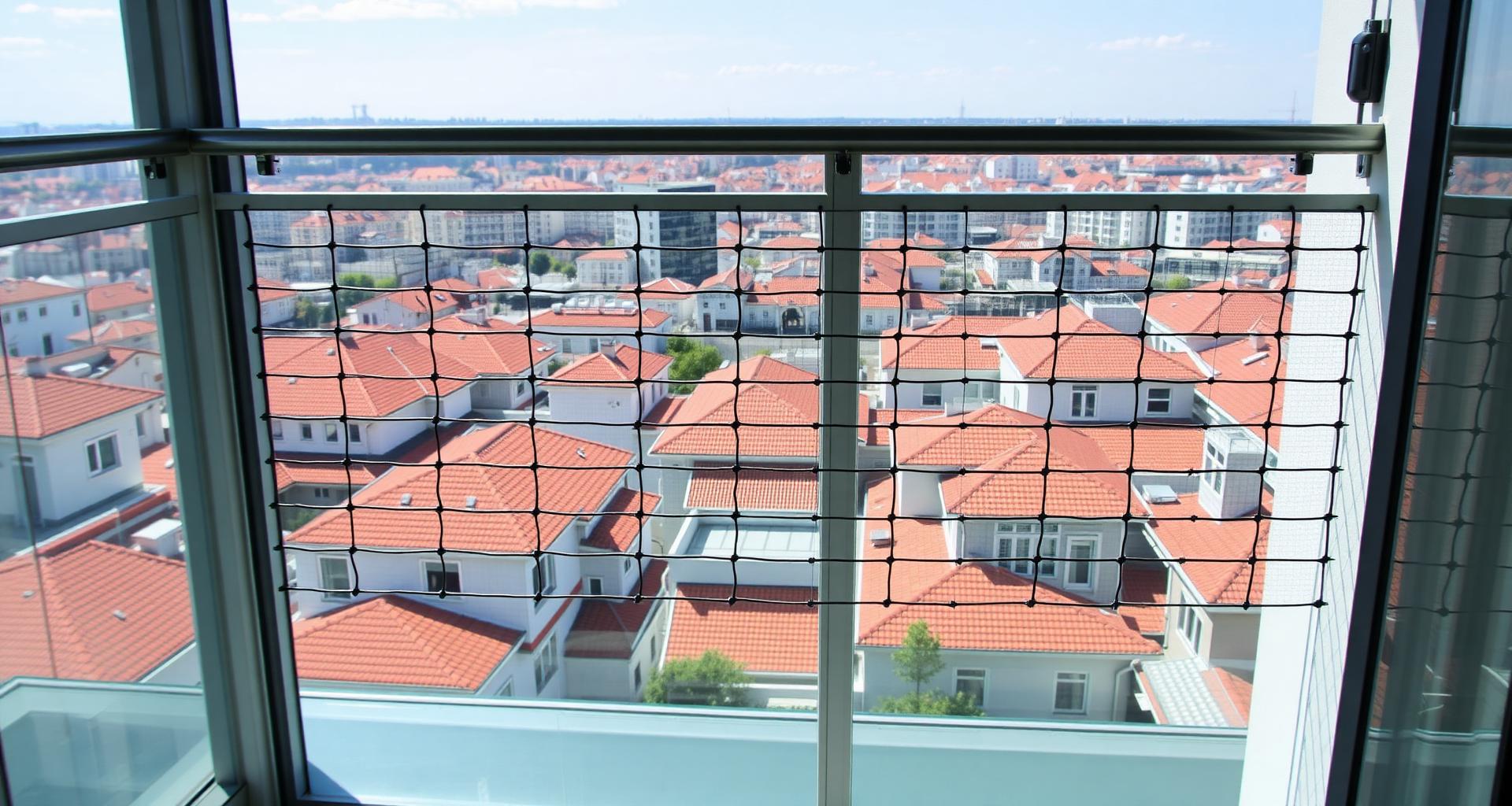 Balkonda kurulu çelik pencere filesi ve şehir manzarası